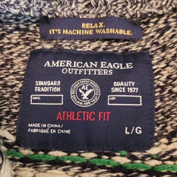 VTG American Eagle Rabbit blend Sz L Fair Isle Sweater Gray Green Men's Henley - Picture 7 of 10